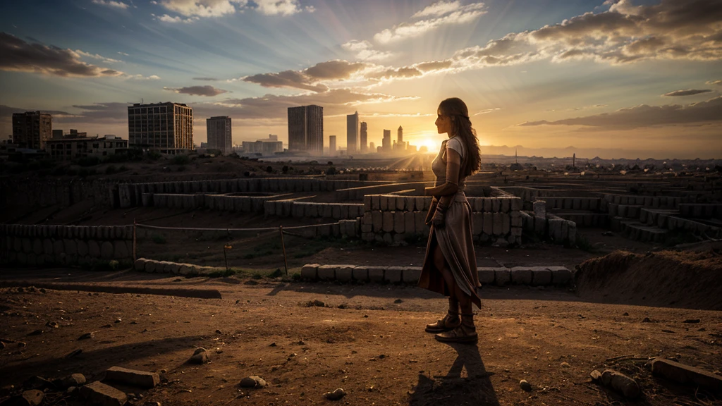 Cinematic, wide shot of the Canaanite woman standing alone outside a city, the walls towering above her, but she is undeterred, the setting sun casting long shadows, her posture strong and resolute