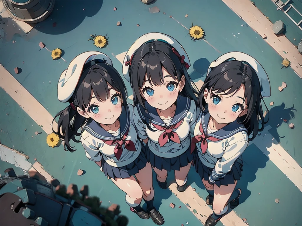  cute、daily、Group photo、Smiling face、Sailor suit、mini skirt、beret、50mm lens、(from above:2) 