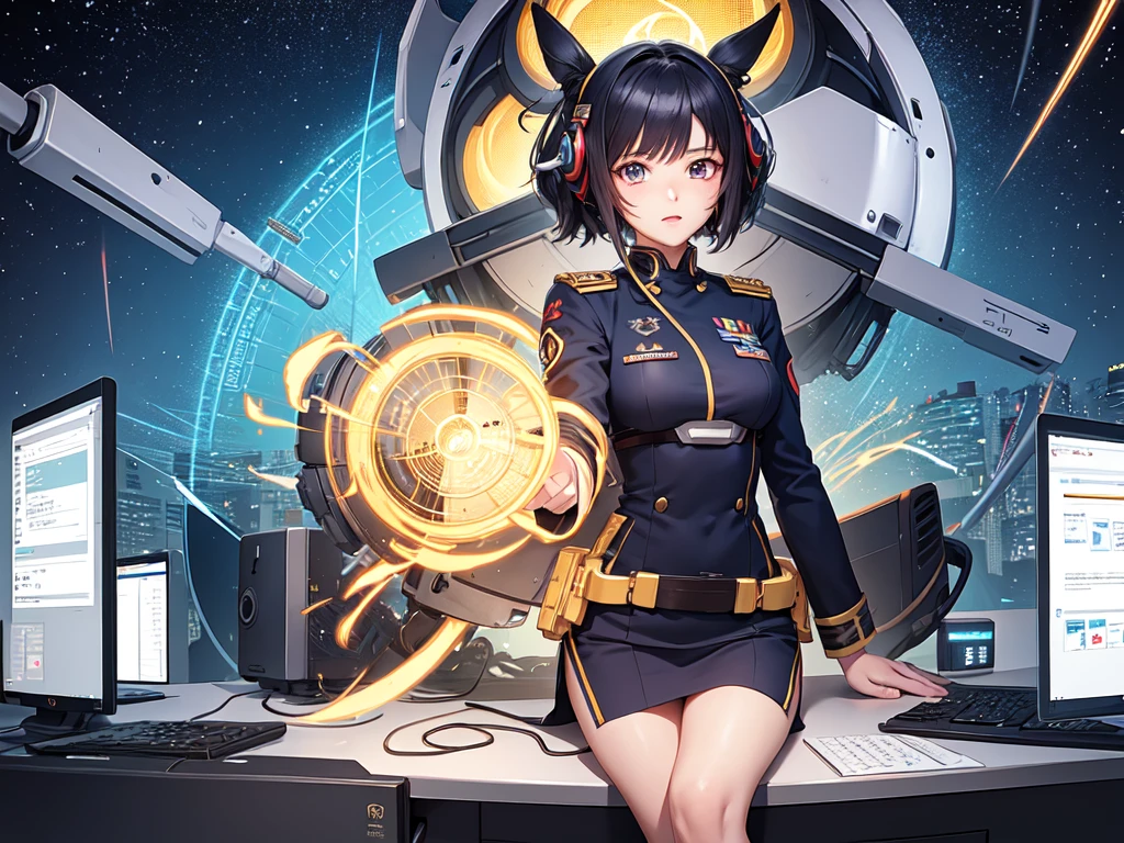 Female anime style Dorbach ,Mecha Uniform 2D, ((Operating a computer))((Highest quality)), ((masterpiece)), (detailed) ((Centered Images)) Crying face