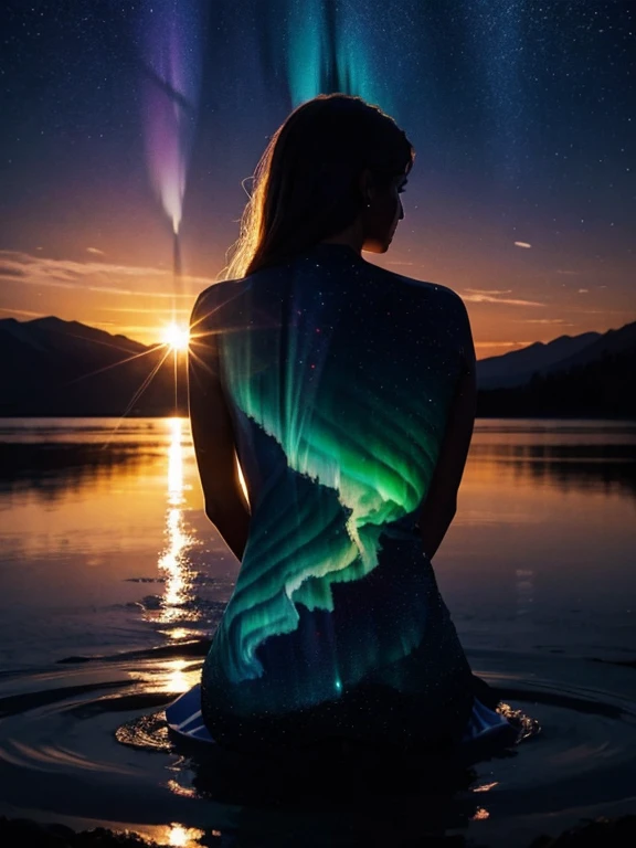(double exposure:1.3), (The woman's body is so transparent that you can see through to the other side), shadow art, fusion art, silhouette art, masterpiece, woman´s dress reflected on transparent shadow, evening sunset, bright starry sky, light leaks, Sunset reflected on the water surface, scene of a sunset with stars and planets, Waveless lake, (Natural backlighting), floating, (Aurora), nebula, lens flare, (Beautiful figure girl silhouette),