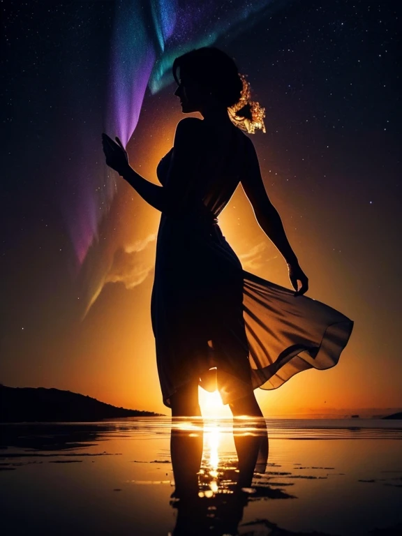 (double exposure:1.3), (The woman's body is so transparent that you can see through to the other side), shadow art, fusion art, silhouette art, masterpiece, woman´s dress reflected on transparent shadow, evening sunset, bright starry sky, light leaks, Sunset reflected on the water surface, scene of a sunset with stars and planets, Waveless lake, (Natural backlighting), floating, (Aurora), nebula, lens flare,