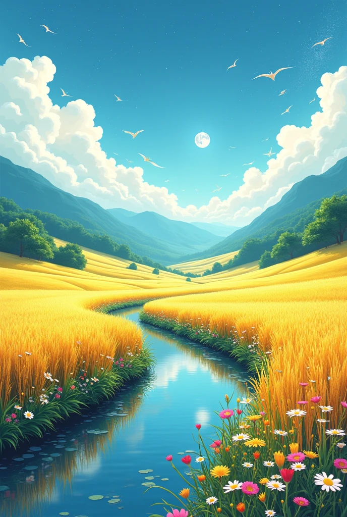(8k,bright colors,bright,Ultra high saturation,rgb, rich and colorful), cartoon,role conception,Surreal photos,fantasy garden,Aesthetic healing,moon,star,Beautiful and poetic,Minimalism Flat Illustration,Jiangnan countryside in summer,When you walk into this rice field,It's like being in a surreal dream。What unfolds before your eyes is a vast rice field,Golden rice swaying in the wind,The sun shines on it,Let the whole rice field shine with warm light。Rows of colorful wildflowers grow at the edge of a rice field,They sway gently in the breeze,Like dancing gracefully。Standing on the edge of a rice field,You can see flocks of birds singing happily in the wheat fields.,Their chirping blends in with the melodious sound of the wind in the rice fields.,It forms a wonderful natural symphony。Occasionally a bird flies up,Cut through the sky,Leaving beautiful curves,It seems to depict an unparalleled picture of the sky.。There is a clear stream flowing through the rice fields.,the river is crystal clear,Reflecting the blue sky, white clouds and surrounding scenery,Like a living mirror。The river flows slowly,Makes the water sound sweet,It's like nature composed a beautiful music for them.,Dynamic,Hazy feeling,Layering,Has a stunning visual effect,Fascinating lighting,Bright and vivid colors,clair obscur,Flat,Minimalism,high quality,High Detail,HD,masterpiece,masterpiece,The painting style is meticulous,Refreshing colors,HD,in the style of Pre-Raphaelite Brotherhood,starry Sky,Abstract mosaic painting,Describing the inner world of autistic people,Sense of space,White space,interesting,Innocence,Psychedelic Art,Cute Q version Cartoon style,Simple background,rich and colorful illustrations, bright colors, Full body portrait, HD, Cute HD graphics