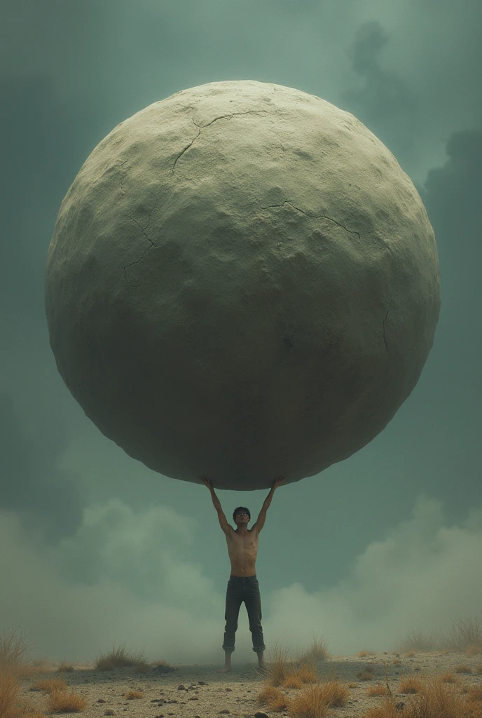 Thin and wearing glasses２０Men about their age、Insanity、He is trying to throw a round stone that is bigger than him with both hands.