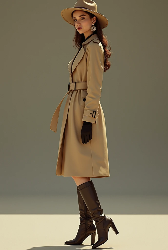 Woman from the 70s in beige Trenchcoat, Boots, gloves, hat, and ear rings