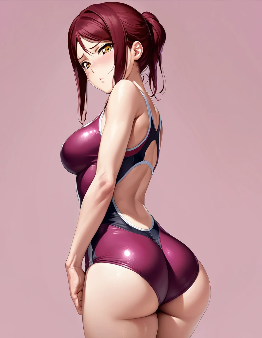 Hentai anime,hentai artist,masterpiece, best quality, realistic anime art, from behind,solo, wearing competition swimsuit,dark red hair , thighs,yellow eyes , sakurauchi riko love live,  breasts,standing , ass, annoyed, head tilt, looking at viewer , simple pink background 