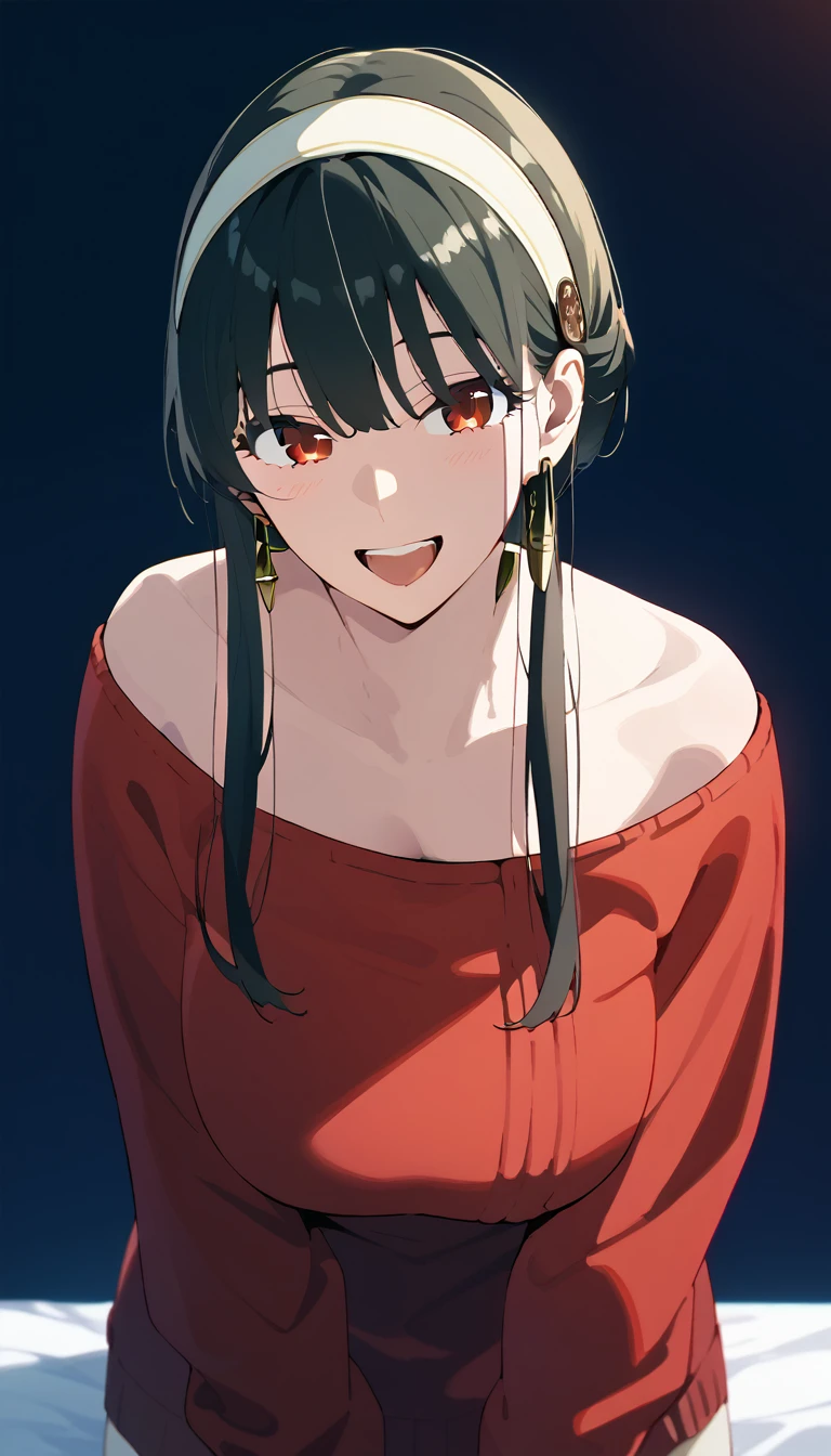 high resolution、​masterpiece、1girl in、Bjorf、A dark-haired、short hair with long locks、white hairband、Look up、Kamimei、bending forward、Opening Mouth、Show your teeth and smile、Bring your face closer、Red Eyes、Gold Earrings、Jewelry、off shoulders、Red Sweater、long-sleeve, large breast