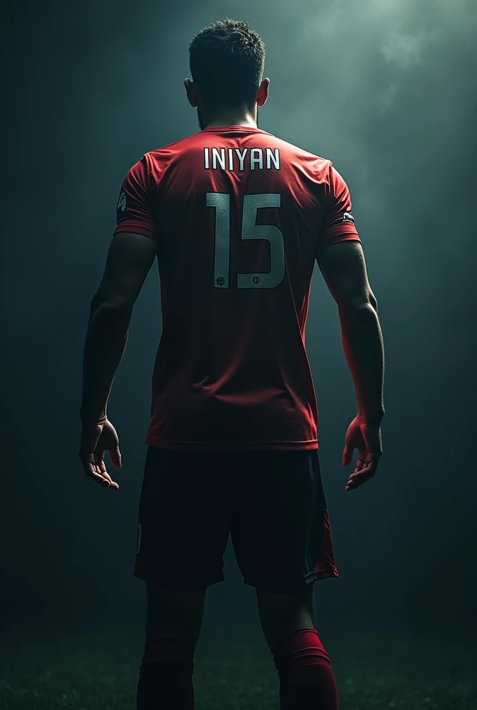 A male footballer with jersey number 15(turning back) name (INIYAN) without showing his face and in shadow effect 