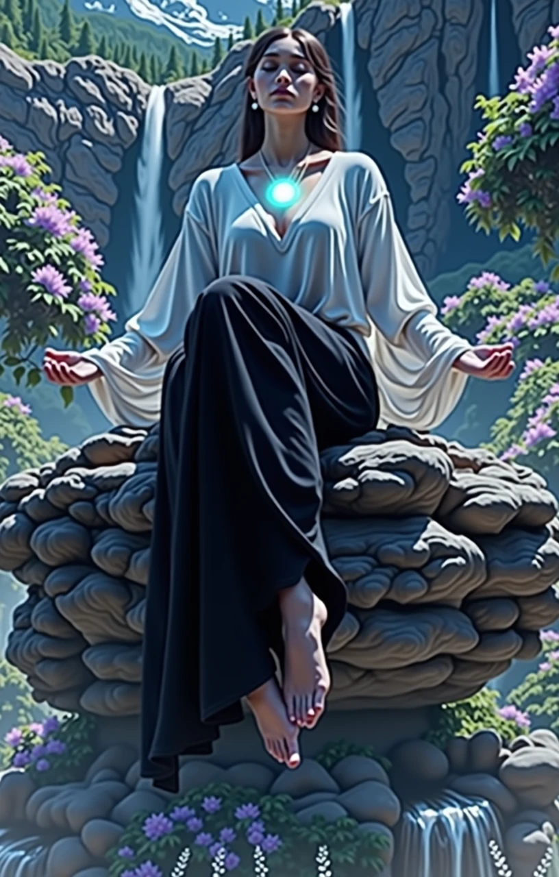 A person meditating on a stunning landscape, intricate details, dramatic lighting, fantasy art, highly detailed, hyperrealistic, 8k, volumetric lighting, cinematic composition, dramatic shadows, glowing energy aura, serene expression, elegant meditation pose, lush nature scenery, mountains, waterfalls, vibrant colors, golden hour lighting, ethereal atmosphere