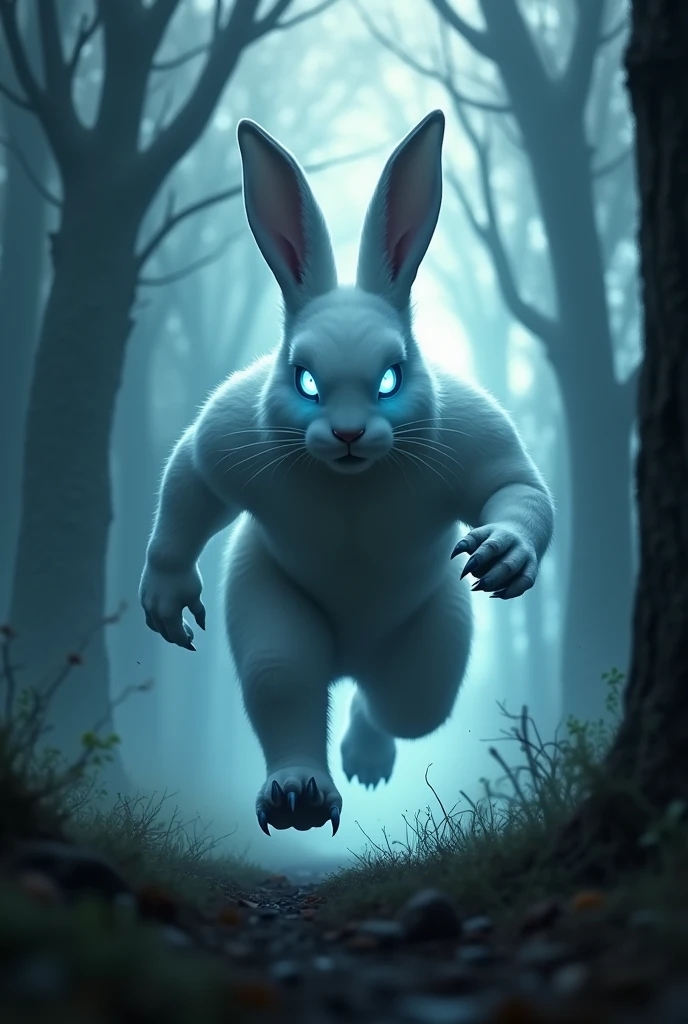 (Photorealism) silhouette of a big white rabbit running with evil eyes shining blue in the forest and has claws on its feet