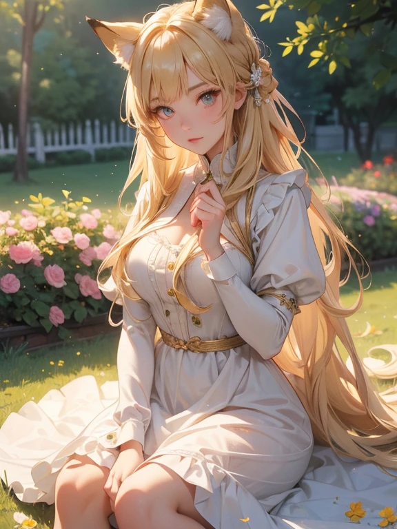masterpiece, Highest quality, Very detailed, 16K, Ultra-high resolution, Cowboy Shot, One girl from , Detailed face, Perfect Fingers, Fox Ears, tail, Golden Eyes, blonde, Long Hair, Maid clothes, A luxurious Western-style mansion, garden, flower bed