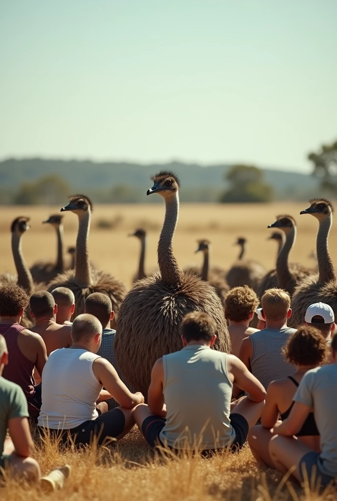A crowded of Australian people sitting on the ground field because of the irritating emus birds