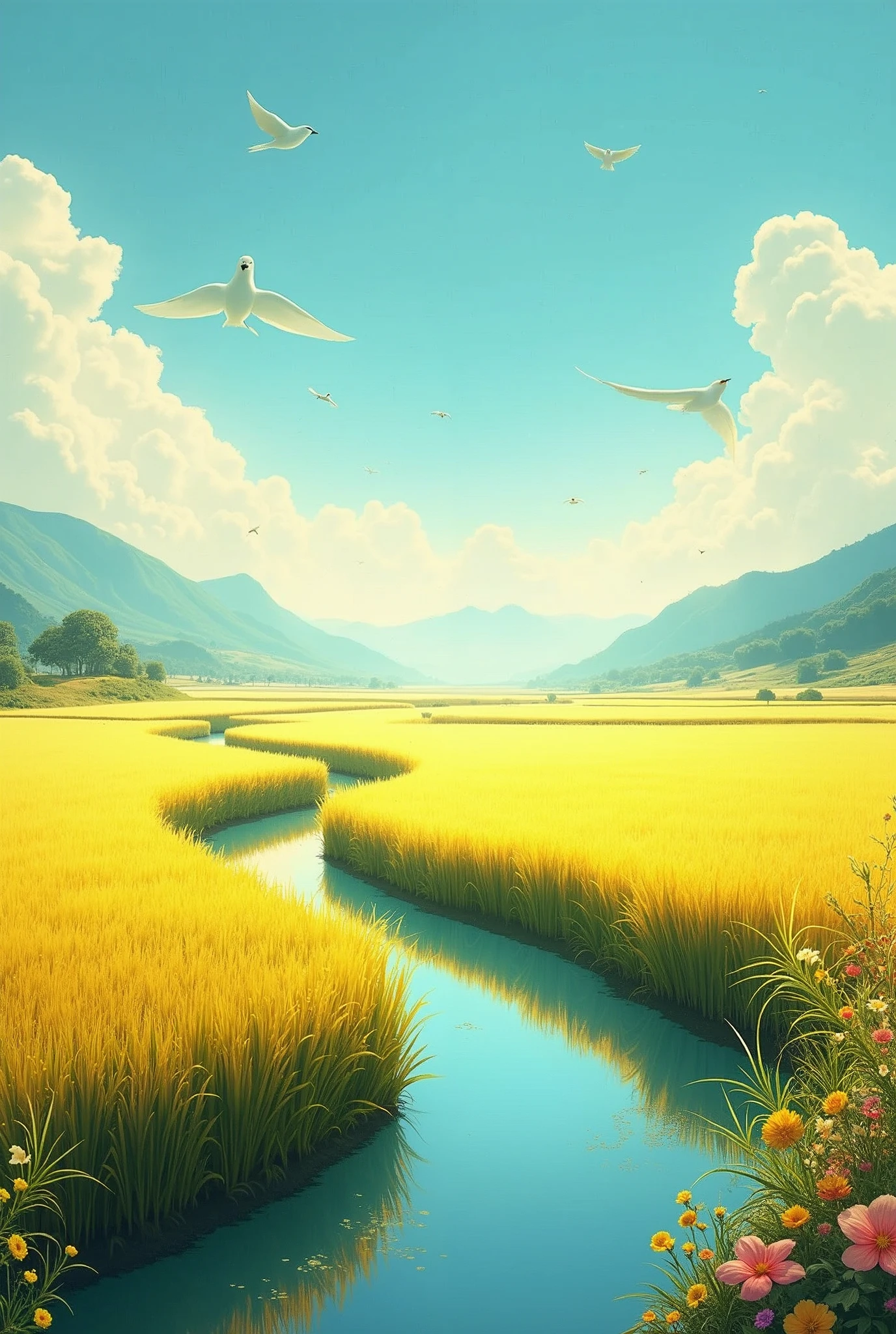 (8k，bright colors，bright，Ultra high saturation，rgb, rich and colorful), cartoon,role conception,Surreal photos，fantasy garden，Aesthetic healing，moon，star，Beautiful and poetic，Minimalism Flat Illustration，Jiangnan countryside in summer，When you walk into this rice field，It&#39;s like being in a surreal dream。What unfolds before your eyes is a vast rice field，Golden rice swaying in the wind，The sun shines on it，Let the whole rice field shine with warm light。Rows of colorful wildflowers grow at the edge of a rice field，They sway gently in the breeze，Like dancing gracefully。Standing on the edge of a rice field，You can see flocks of birds singing happily in the wheat fields.，Their chirping blends in with the melodious sound of the wind in the rice fields.，It forms a wonderful natural symphony。Occasionally a bird flies up，Cut through the sky，Leaving beautiful curves，It seems to depict an unparalleled picture of the sky.。There is a clear stream flowing through the rice fields.，the river is crystal clear，Reflecting the blue sky, white clouds and surrounding scenery，Like a living mirror。The river flows slowly，Makes the water sound sweet，It&#39;s like nature composed a beautiful music for them.，Dynamic，Hazy feeling，Layering，Has a stunning visual effect，Fascinating lighting，Bright and vivid colors，clair obscur，Flat，Minimalism，high quality，High Detail，HD，masterpiece，masterpiece，The painting style is meticulous，Refreshing colors，HD，in the style of Pre-Raphaelite Brotherhood，starry Sky，Abstract mosaic painting，Describing the inner world of autistic people，Sense of space，White space，interesting，Innocence，Psychedelic Art，Cute Q version Cartoon style，Simple background，rich and colorful illustrations, bright colors, Full body portrait, HD, Cute HD graphics