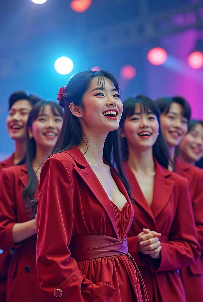 1 woman, 7 men kpop artists, smiling, singing on stage, everyone's face seen clearly like real people