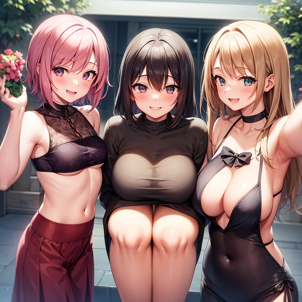 Three Girls with medium breasts blushing and smiling at viewer wearing bikini