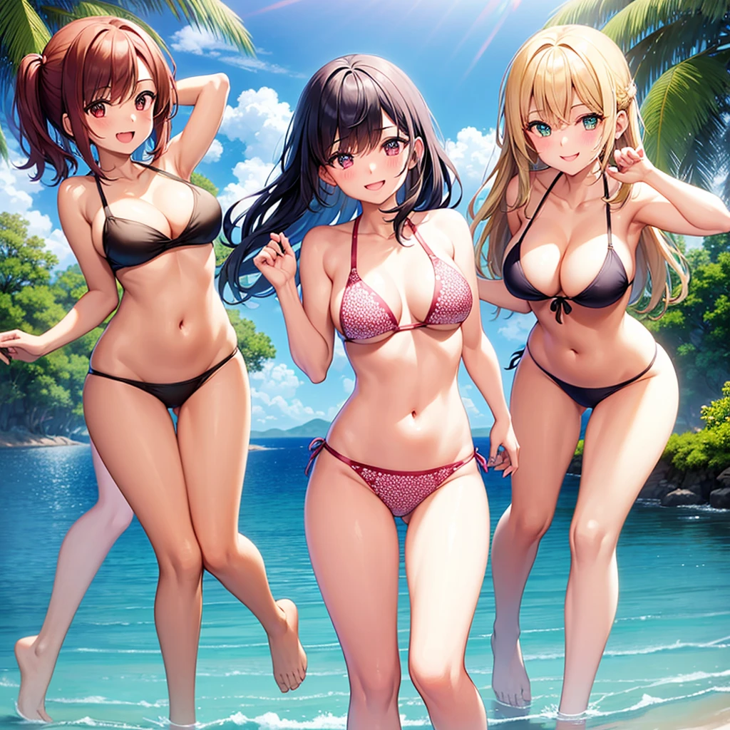 Three Girls with medium breasts blushing and smiling at viewer wearing bikini