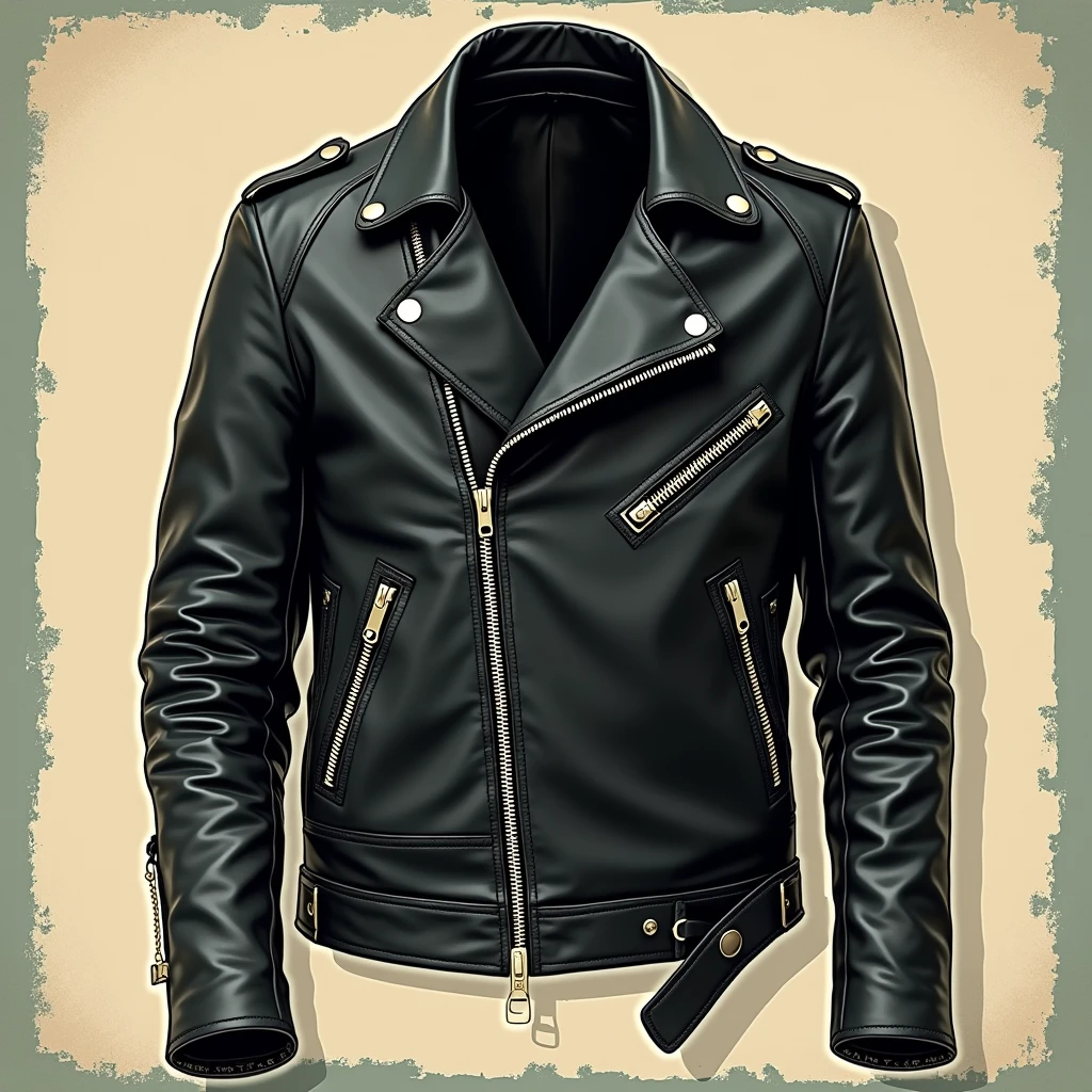 Black Leather Jacket, Retro illustration style, nostalgic and vintage aesthetics, inspired by design elements from past decades, evokes a sense of nostalgia and charm, full body, (best quality, masterpiece, photorealistic), very aesthetic, perfect composition, intricate details, ultra-detailed, vivid colors