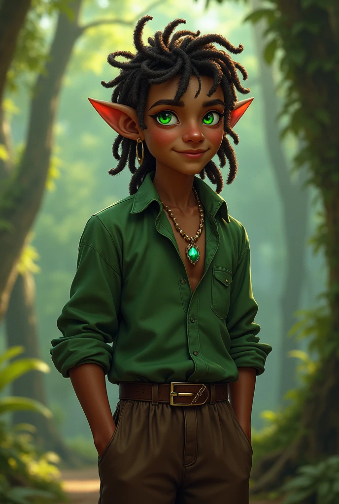 Male alf
18 yers old
brown skin
Glowing green eyes
Dark brown dreadlocks
Small pointed ears with many jewels
smooth skin
A bit pointed face
Slim and
brown wide pants
A simple green shirt
6.9 fut tall
Smailing
fantasy dnd lord of the rings