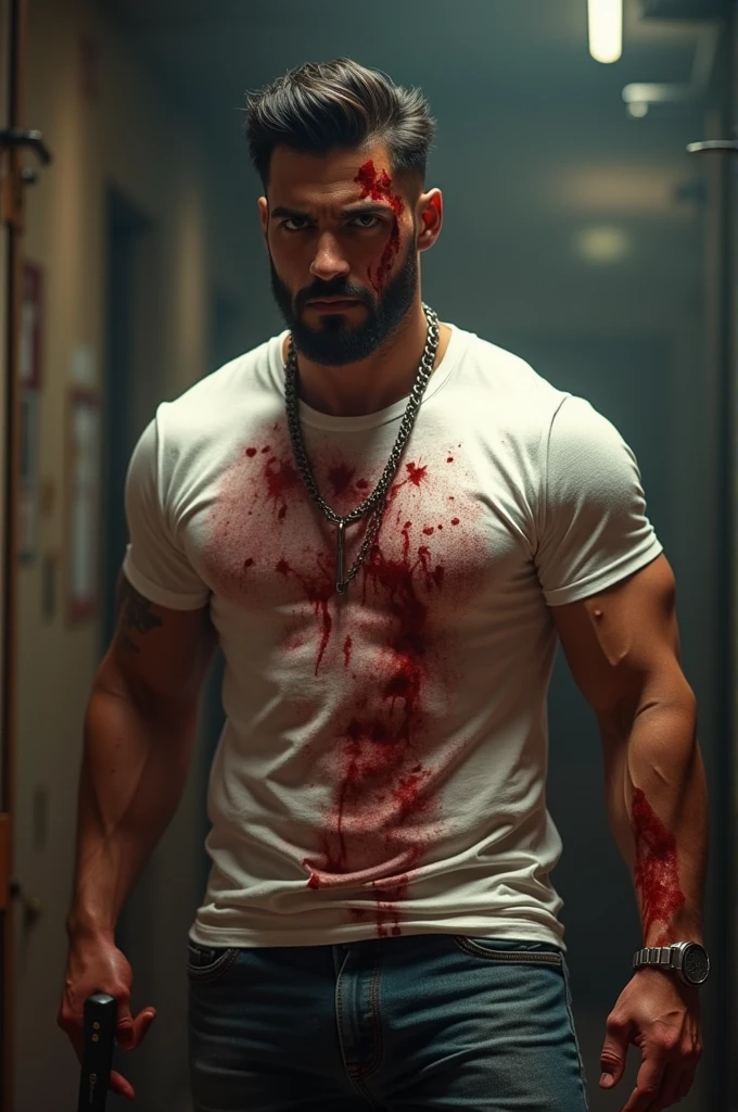 a Man inspired by Aziz's look from the movie Animal. The character should have an attractive, muscular build and a stylish, modern haircut. He is wearing a white tshirt, , filled with blood on it. His face also filled with blood adding a gritty, intense vibe. In his right hand, he is holding a butcher knife covered in fresh blood. He is wearing a chain in neck The background should be dramatic, with bright moody lighting and subtle elements suggesting a tense, action-packed scene.
