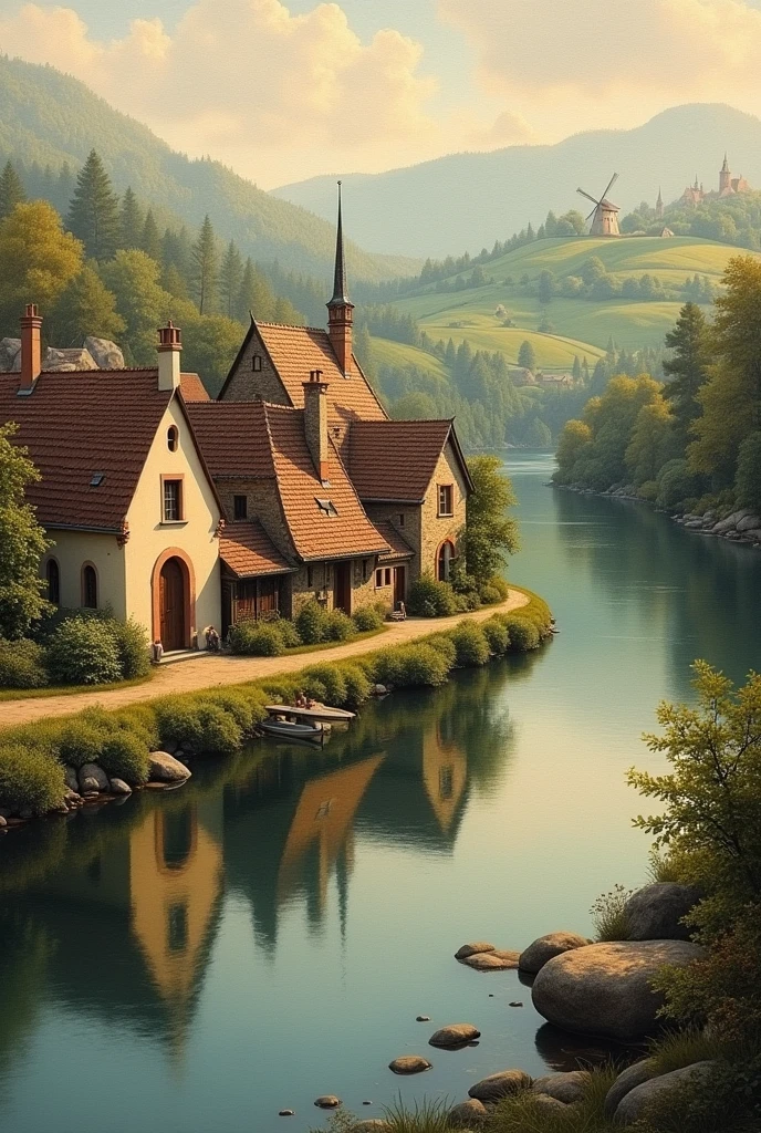 (Close-up of a better masterpiece:1.5)0.9], villages by the river