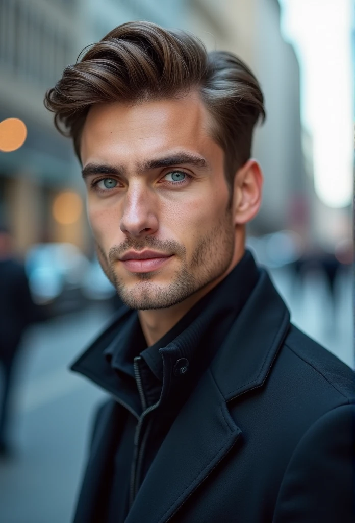 German young man,beautiful detailed blue eyes,Brown hair,black suit,confident expression,sharp jawline,Vibrant skin,smiling,pretty face,standing pose,Cityscape,Professional studio lighting,realisti,photorealisti:1.37,Portraits,Vivid colors,cooler Ton,Soft lighting