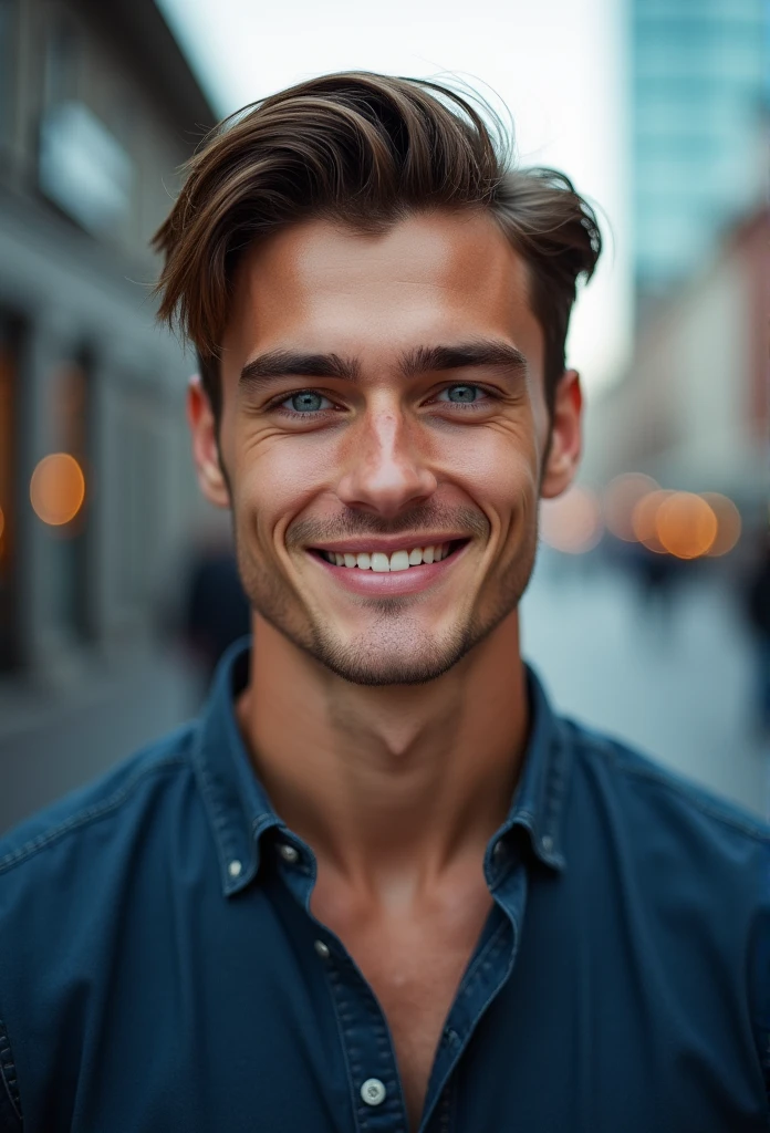 German young man,beautiful detailed blue eyes,Brown hair,black suit,confident expression,sharp jawline,Vibrant skin,smiling,pretty face,standing pose,Cityscape,Professional studio lighting,realisti,photorealisti:1.37,Portraits,Vivid colors,cooler Ton,Soft lighting