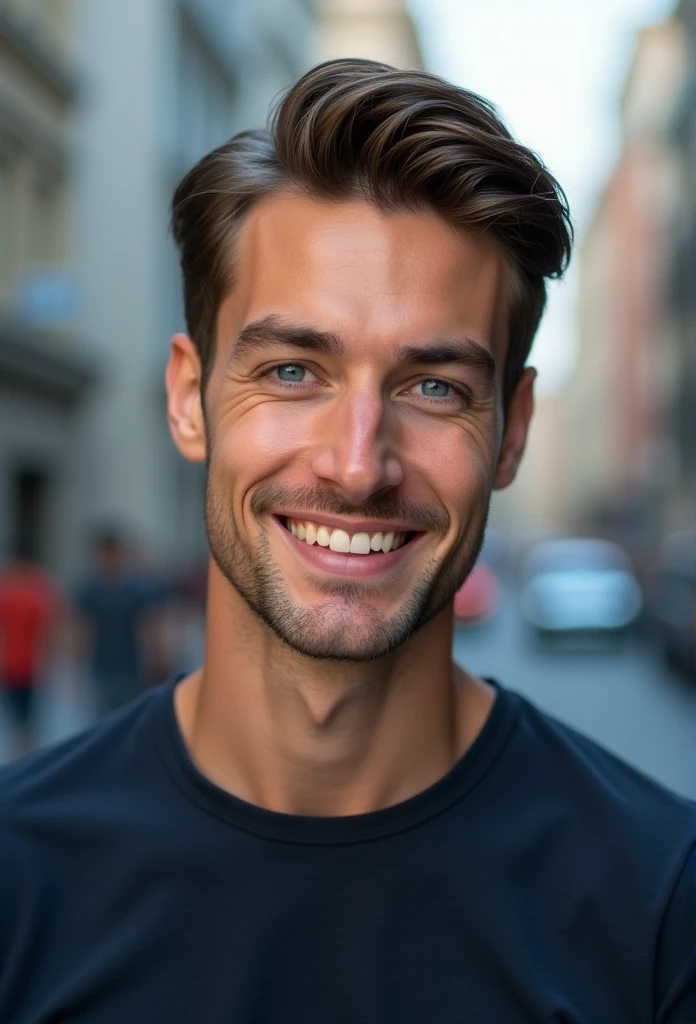 German young man,beautiful detailed blue eyes,Brown hair,black suit,confident expression,sharp jawline,Vibrant skin,smiling,pretty face,standing pose,Cityscape,Professional studio lighting,realisti,photorealisti:1.37,Portraits,Vivid colors,cooler Ton,Soft lighting