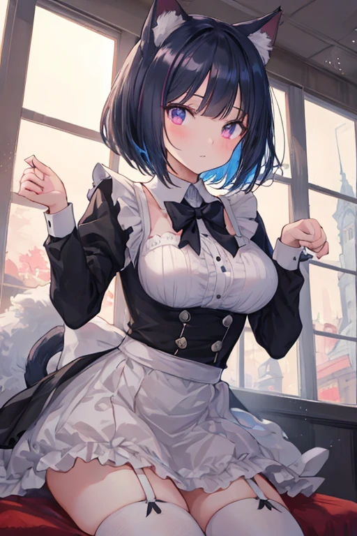 A beautiful detailed anime-style 1girl with anatomically correct cat ears, wearing a mini-skirt maid outfit, black bob cut hair, making a cat paw pose, with alluring eyes, high resolution, 4k, 8k, hyperdetailed, photorealistic, cinematic lighting, masterpiece, vibrant colors, fantasy, elegant, magical
