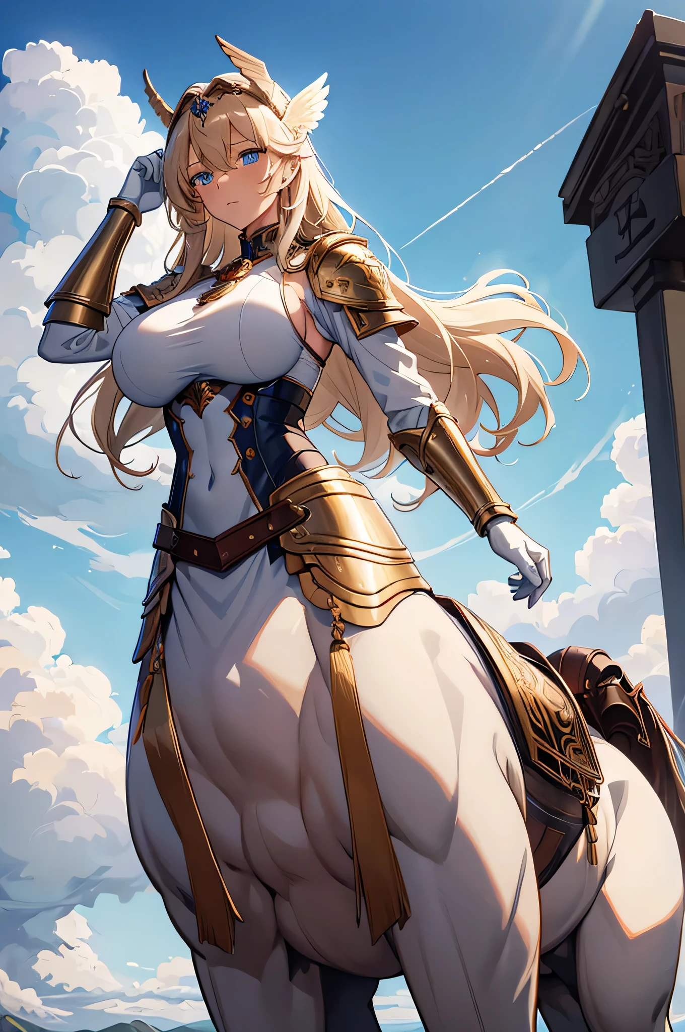 4K,High resolution,One Woman,centaur,Blonde,long hair,Blue Eyes,Big Breasts,Brown fur,Valkyrie,White sacred armor,Full Armor,White gloves,Winged headgear,Jewelry decoration,Holy Sword,Temple in the Sky