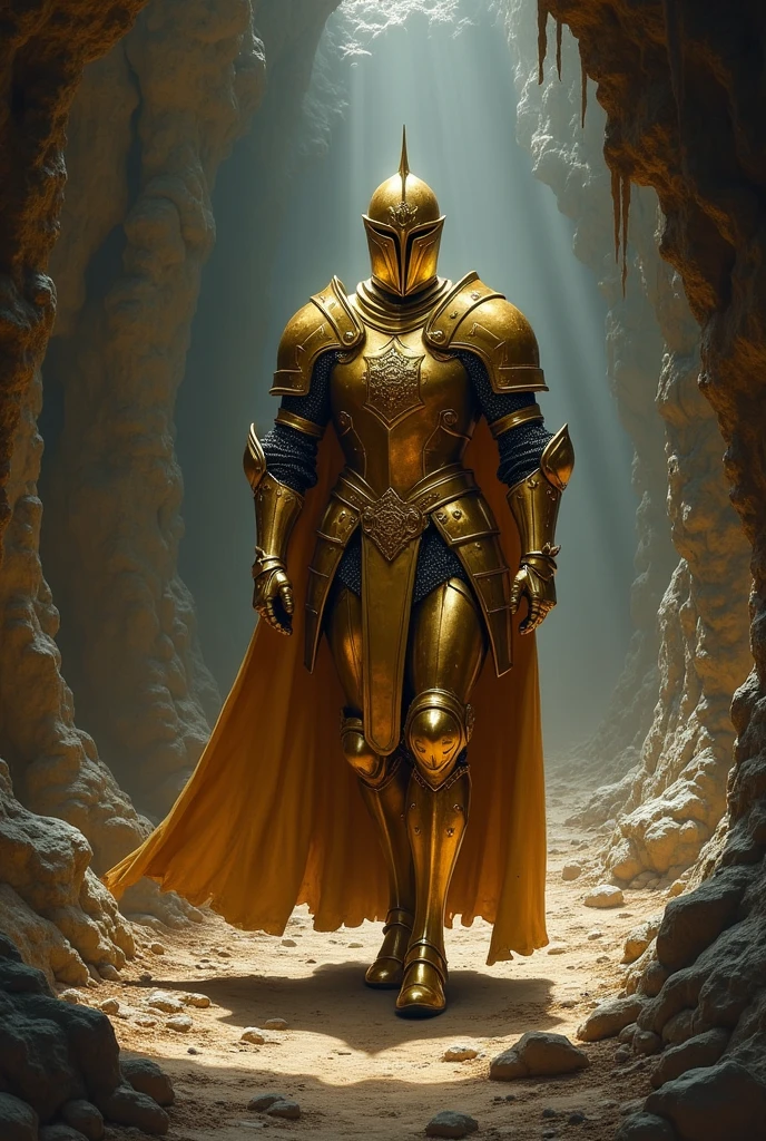 Knight in golden battle armor walking in the middle of the cave,
with helmet on