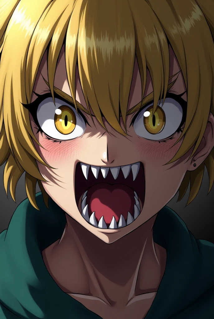 Make the villain character Himiko Toga from the anime My hero academia / Boku no Hero with yellow eyes with dark circles and pointy teeth
