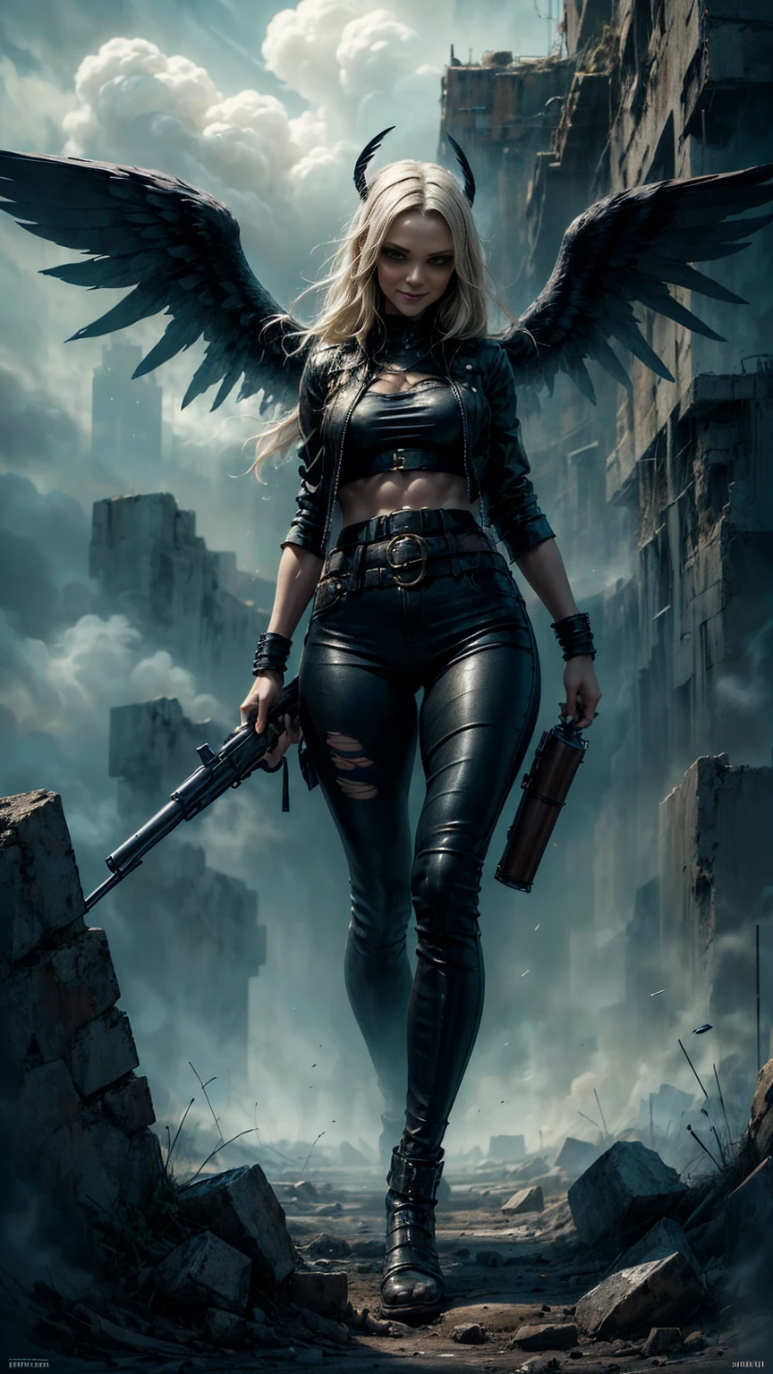 plano general, whole body, Pay attention rebel angel big black wings black leather jacket:1.4, The eyes, dark and torn, ((only 1 dark and malevolent woman from the underworld evil smile, squinted eyes:1.3)), body-hugging leather clothing black leather jacket,beautiful muscular body, fierce expression, holding a gun, (colors in your clothes, warm, orange, yellow, violet: 1.3), standing in a desolate field, dramatic lighting, intense shadows, sandy texture , high contrast, vibrant colors, dynamic pose, powerful posture, rough background, explosive atmosphere, dystopian theme, surreal elements, digitally painted illustration, high definition resolution, intricate details, dramatic composition, avant-garde and chaotic brushstrokes, Gothic style, intense emotions, Scale epic, raw and gritty feeling, Captivating and provocative works of art....breeches_v1c