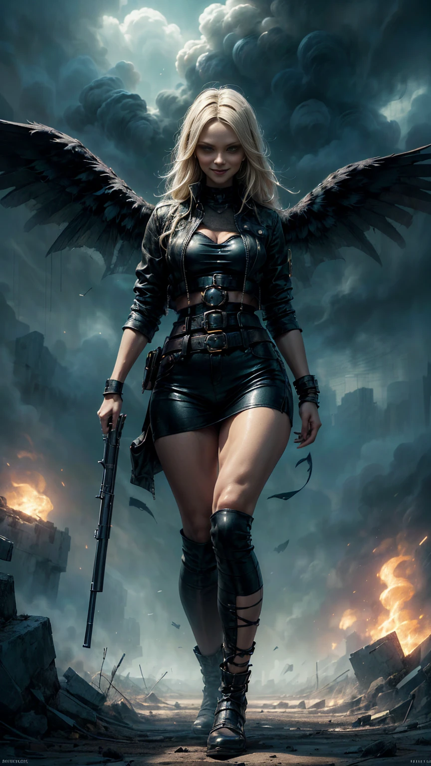 plano general, whole body, Pay attention rebel angel big black wings black leather jacket:1.4, The eyes, dark and torn, ((only 1 dark and malevolent woman from the underworld evil smile, squinted eyes:1.3)), body-hugging leather clothing black leather jacket,beautiful muscular body, fierce expression, holding a gun, (colors in your clothes, warm, orange, yellow, violet: 1.3), standing in a desolate field, dramatic lighting, intense shadows, sandy texture , high contrast, vibrant colors, dynamic pose, powerful posture, rough background, explosive atmosphere, dystopian theme, surreal elements, digitally painted illustration, high definition resolution, intricate details, dramatic composition, avant-garde and chaotic brushstrokes, Gothic style, intense emotions, Scale epic, raw and gritty feeling, Captivating and provocative works of art....breeches_v1c