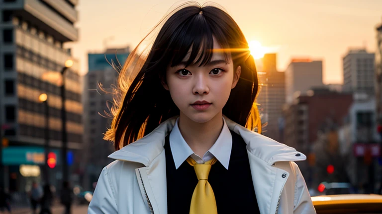 One person, Intricate details, masterpiece, Highest quality, Very detailed,Cinema Lighting, Beautiful sparkle, Beautifully detailed face and eyes, 8k,smile、 Dark intense shadows, Yellow Eyes, Medium Hair, Black Hair, bangs, Floating Hair, Black jacket, Open jacket,Plastic bottle in right hand、 White shirt, Expressionless, Yellow tie, Black Skirt, Spotlight, sunlight, sunrise, Gradient Sky, city, Lens flare, Cowboy Shot, [[Curvy]], [Mature Woman]
