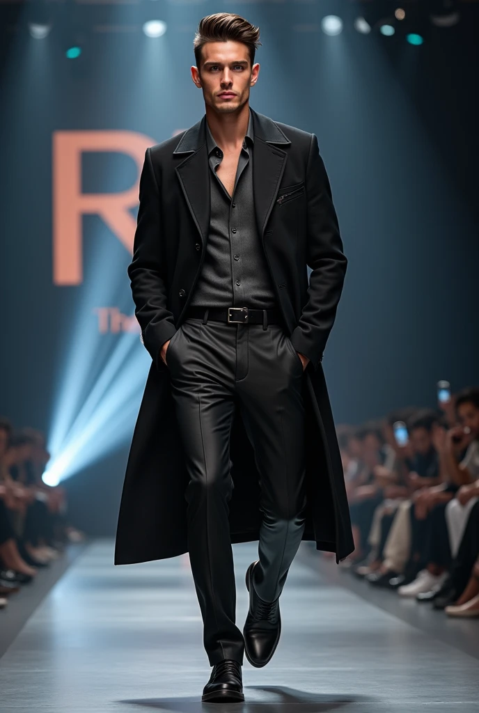 A handsome grey eyes handsome man, nice hairstyle, in a RD fashion show with RD board behind, in a good pose for paparazzi to snap him pictures, while standing in a good pose