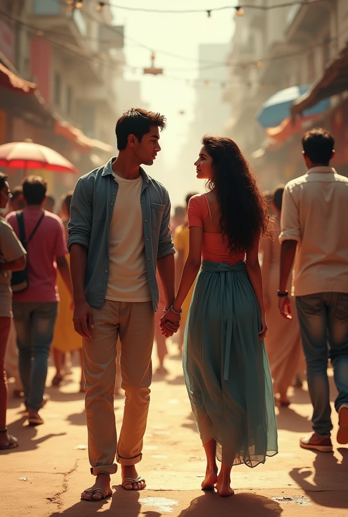 A lady and man walking in a busy street by holding hands more crowd casual costume indian blur
