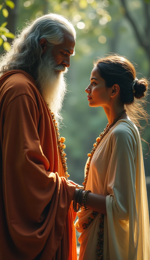 Sadhu’s Visit**: The sadhu, with long hair and a calm demeanor, standing before the woman, who looks curious about his teachings