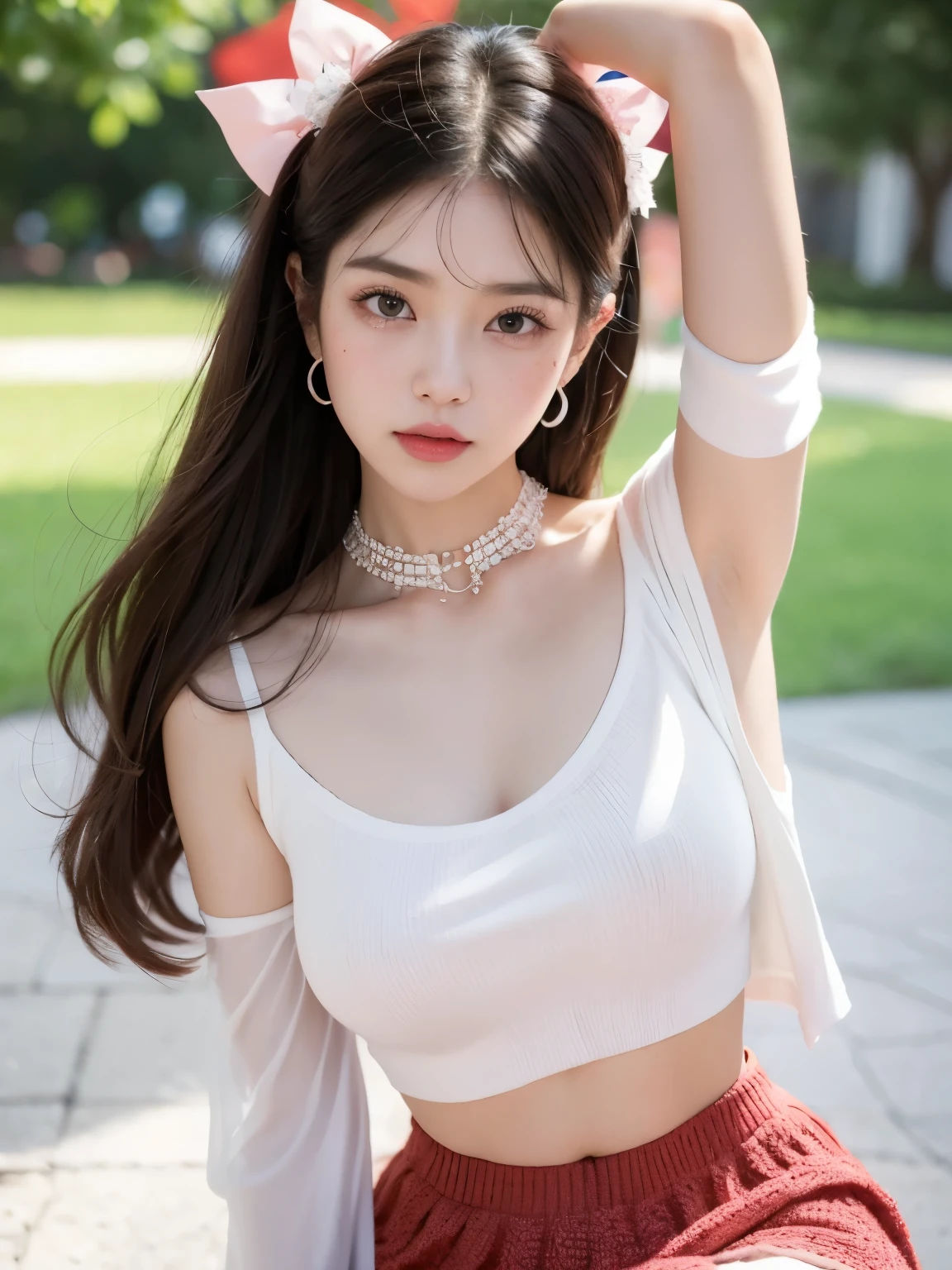 흰 갈색 머리의 김jenny, There is color at the end, There are two ribbons on either side of the hair.., Her hair is all white and brown, White brown hair with star clip, brightly colored eyes, pretty eyes, Crying Eyes, pretty, upturned nose, tearful nose, pretty lips, pink lips, Heart and cupid shaped lips, pretty skin, pale, White skin, There are moles and freckles all over the face., Soft pink blusher on cheeks, natural pink blusher, soft pink makeup, jenny, I have a good neck, color shown, frown, soft expression, with kiss necklace, pretty kiss necklace, Similar to Jabami Yumeko, While wearing Crochet YK2, Wool, In a brown miniskirt in YK2 style, Wearing a bear print jacket, Exposing the abdomen, delgado, It's marked and pretty, (big bust, soft chest, nice tits), While cosplaying as the character Yumeko Jabami, Dell Animation Kakegurui, looking at camera, auto photo, Beautiful selfie