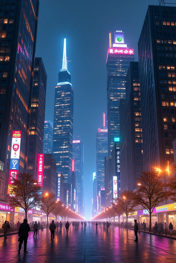 Street with illuminated buildings
