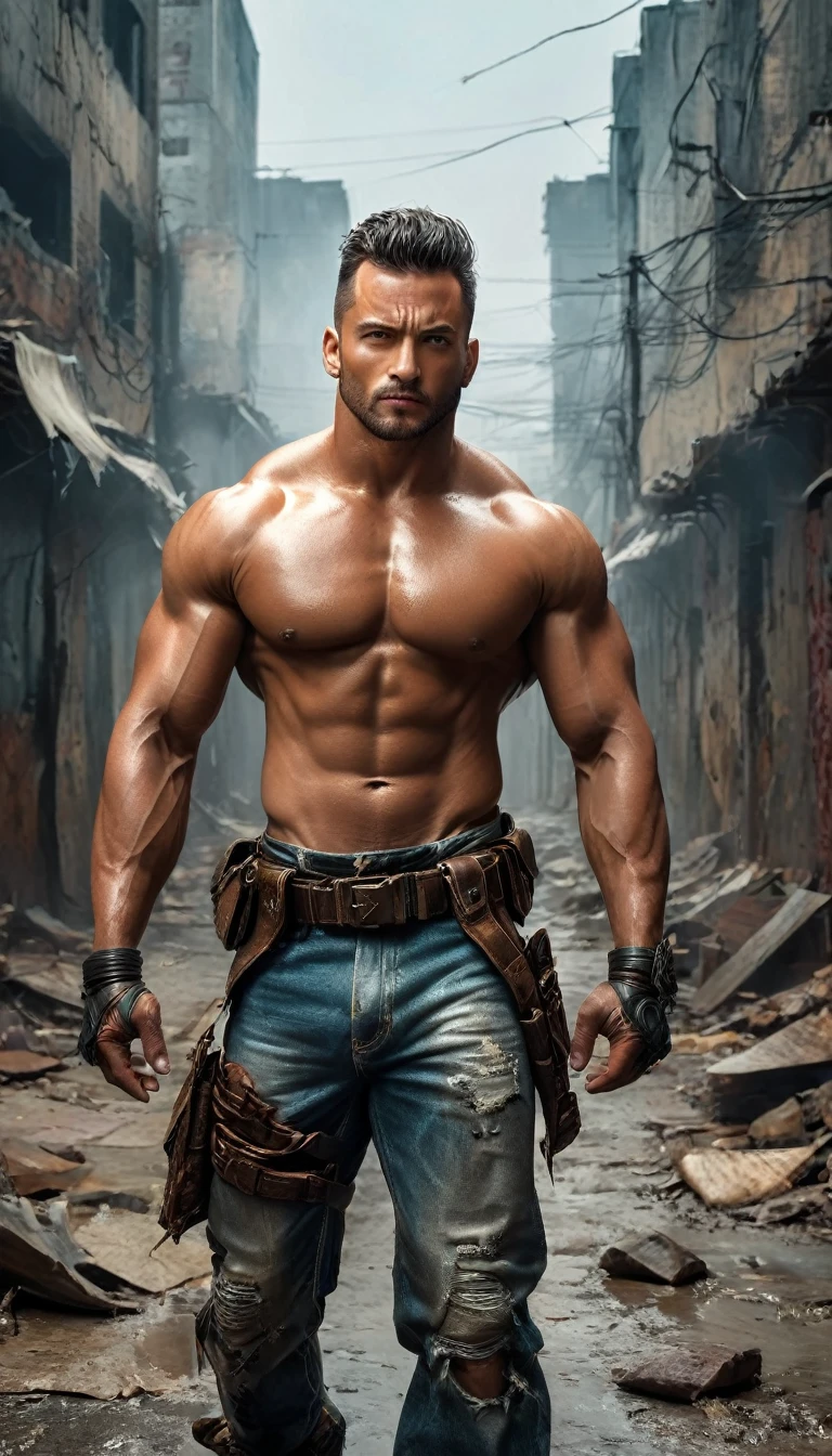 realist:1.3,( fotorrealist, 8k, RAW Photos, Premium quality, masterpiece, epic lighting. close up, Centered image), (Complete plan:1.4),((1 handsome and muscular man, post-apocalyptic, guerrero, Perfectly detailed face and body, (action pose and badass), for the cover of Heavy Metal magazine, dynamic pose, beautiful and detailed hair, Leather Clothes))