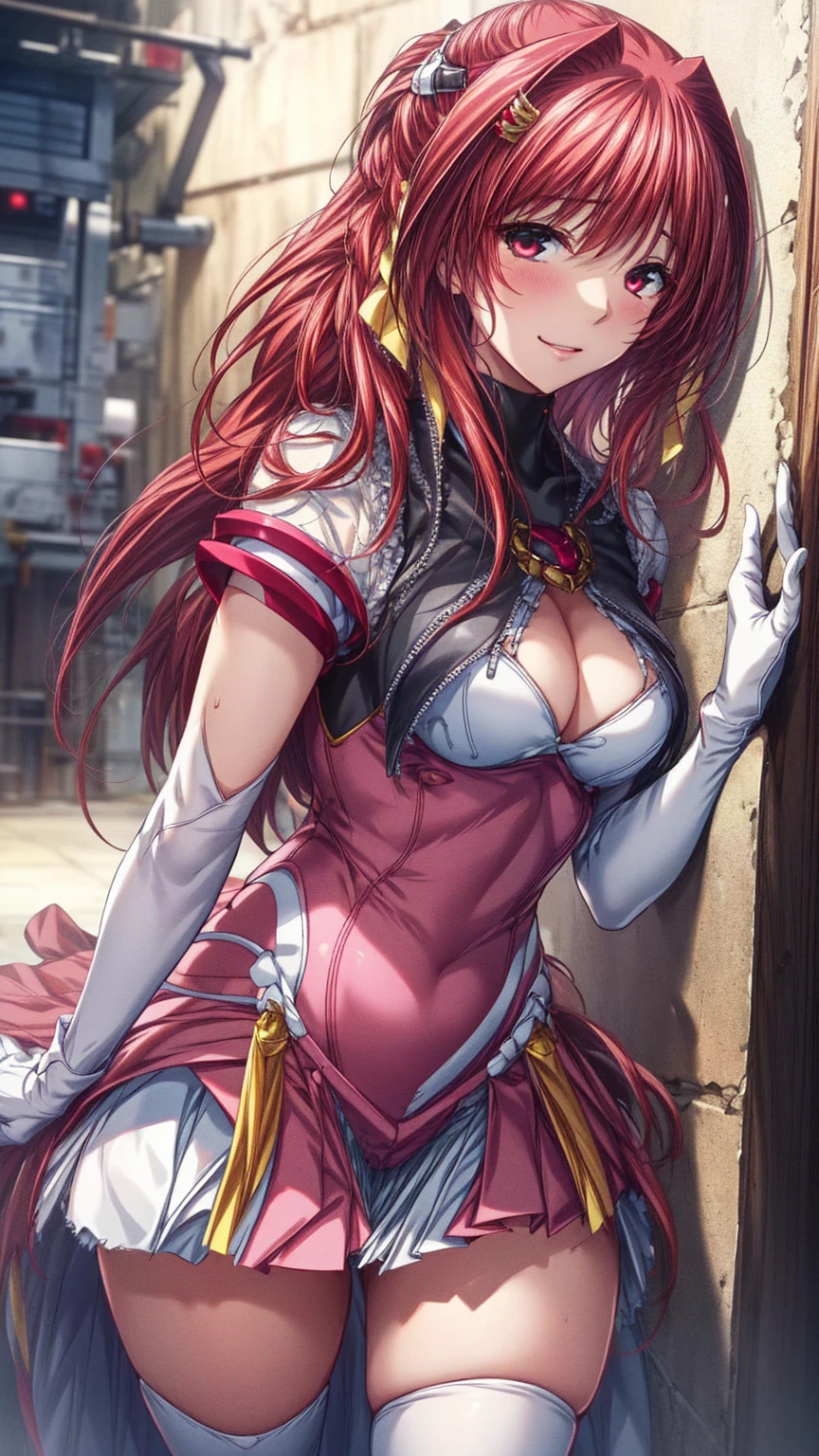 12k,Escalayer,long hair,hair_ornament,Red eyes,Pink Dress,White long gloves,thigh_boots, Embarrassing ,blush,,,White panties,,masterpiece,Noise Reduction,Perfect Anatomy,High resolution, Very detailed,Game CG,Dutch Angle ,Beautiful attention to detail,Visual Arts,Five Fingers, Perfect hands, Perfect lighting,,Red eyes,(銀hair:1.4),Wicked Smile,(Inside a futuristic base:1.1)