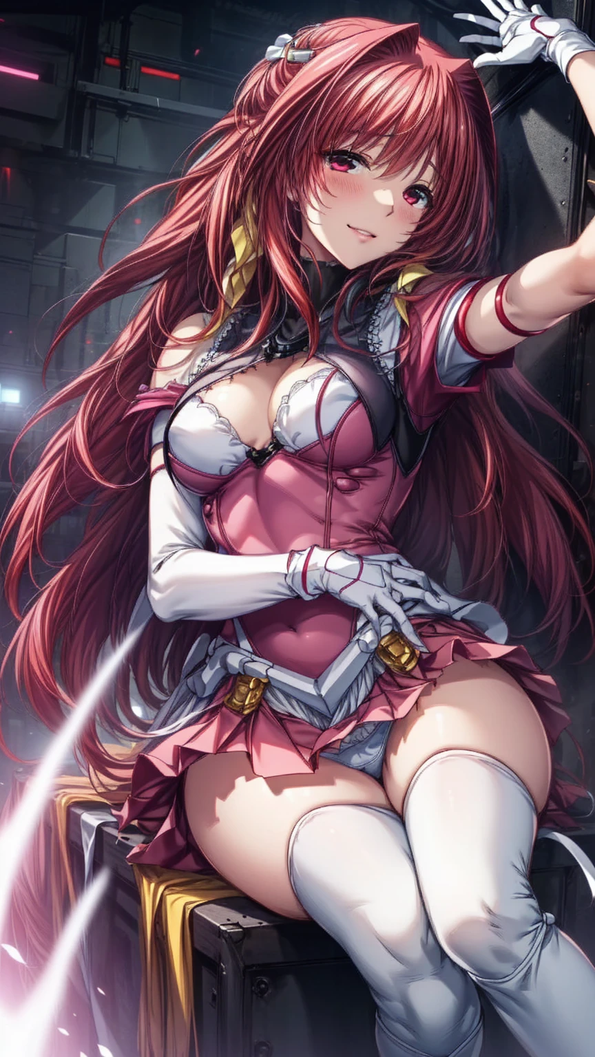 12k,Escalayer,long hair,hair_ornament,Red eyes,Pink Dress,White long gloves,thigh_boots, Embarrassing ,blush,,,White panties,,masterpiece,Noise Reduction,Perfect Anatomy,High resolution, Very detailed,Game CG,Dutch Angle ,Beautiful attention to detail,Visual Arts,Five Fingers, Perfect hands, Perfect lighting,,Red eyes,(銀hair:1.4),Wicked Smile,(Inside a futuristic base:1.1)