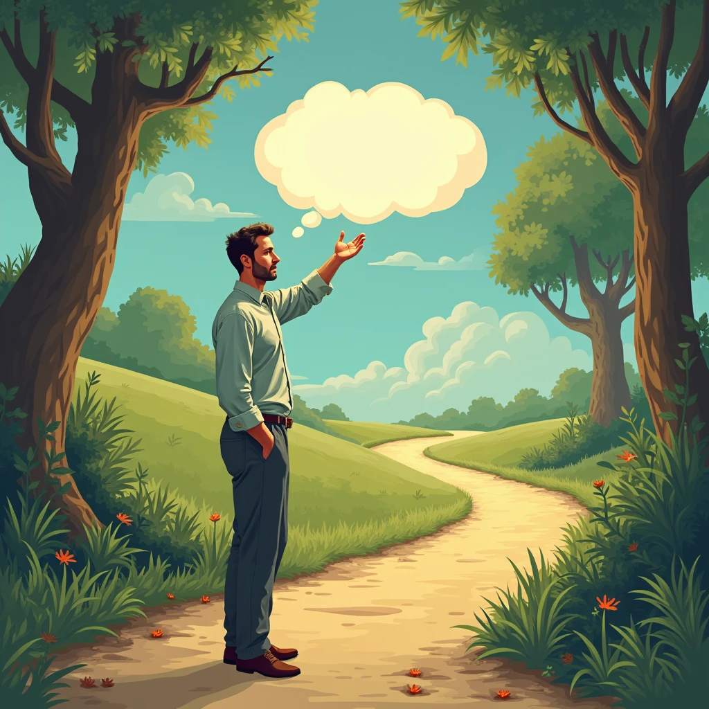 A man is standing thinking which way to go., The direct path or the tangled path, God tells him to take the direct path, putting his hand on his head and his talking balloon says "!I'm going with you"