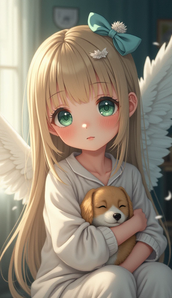 (8k, RAW photo, best quality, masterpiece, highres, absurdres, ultra detailed:1.3), (Photography, realistic, photo-realistic:1.4), (beautiful natural lighting, beautiful deatailed shadow, beautiful detailed glow :1.4), atmospheric,
BREAK, 1 beautiful girl, girl, (cute:1.5),(chibi:0.5),(cute:2.0),(Loli:2.0),(12 year old girl),(big breasts:1.65),(chin hair,blonde,blue bow,green eyes,Eyebrows visible through the hair,side lock,long hair with bangs parted, hair flower, hair ornaments, big ribbon in hair, curly hair, ponytail:1.6),:he, white feathers, one thin white wing, Ang he wings, spread,(blushed,:d:1.45) , BREAK
(pajamas, night, bedroom,: 1.35),
BREAK (holding a cute sleeping dog:1.45),
BREAK wakame,wakame,wakame,(cowboy shot,from front :1.4) BREAK manga illustration.media,manga style,(ultra rich intricately proper sketch+pastel+airbrush+colored pencil:1.1),(ultra highres composition details:1.2), (delicate illustration), (pastelcolor style illustration:0.9), (watercolor style illustration:0.4),