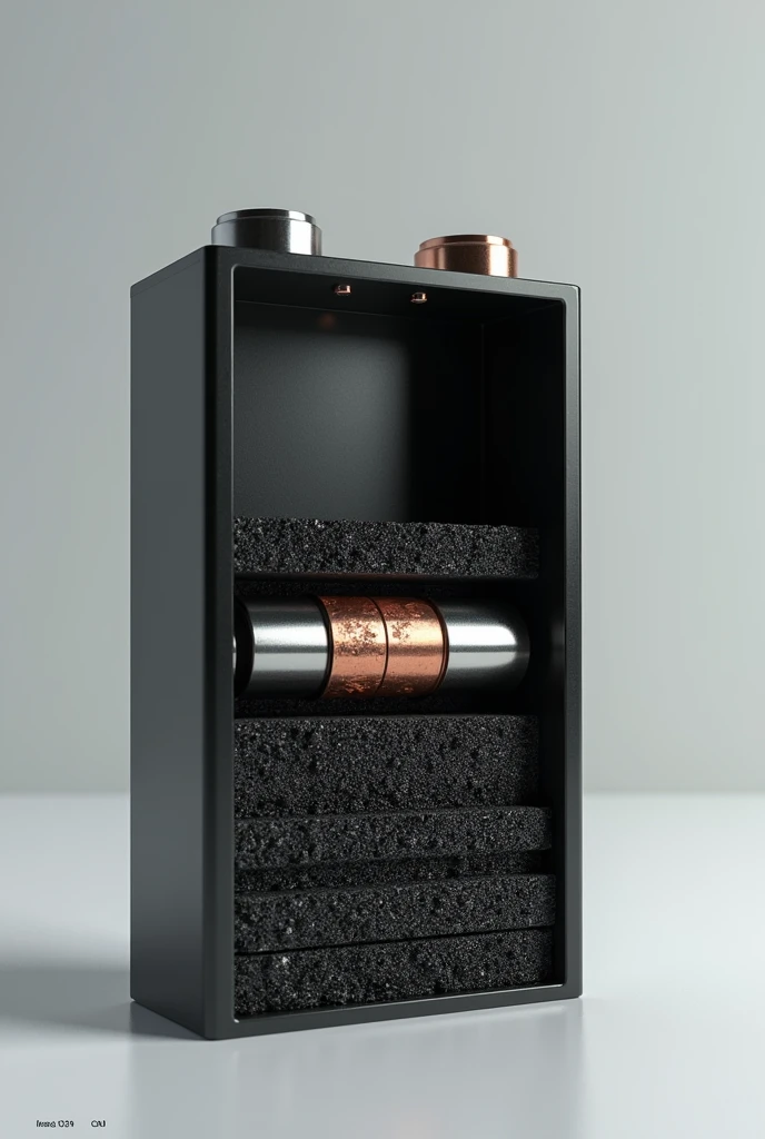 (Photorealism:1.2), power battery com camadas de carvão ativado deve ser retratada como escura e porosa, The battery must be in an open case to reveal the internal structure and allow moisture absorption., (power battery), have 1 copper electrode and another zinc electrode separating layers of carbon
