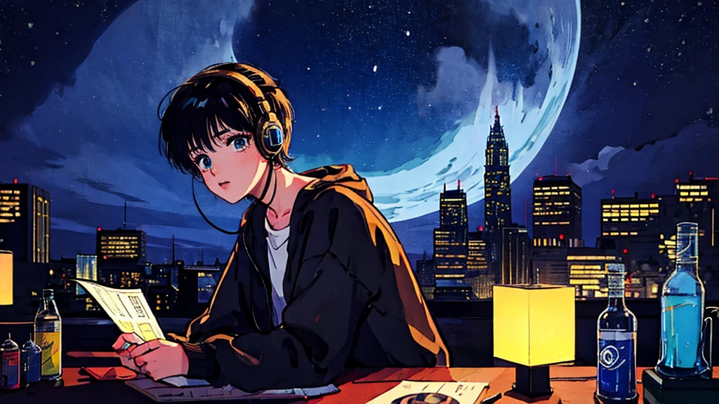 Black short hair, Black clothes, Adult woman looking to the side ,Blue headphones、 City of night, Delicate background、masterpiece、nightの街、night、dark、nostalgic、DJ Mixer