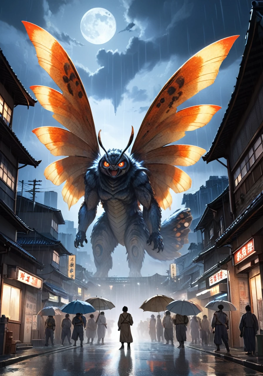 employment,Highest quality,Mothra illustration, Giant monster, A hall in the street々Standing, sharp, heavy rain, Armor scales illuminated by moonlight, and、Those fearsome glowing eyes staring out at the horizon, ready for battle.. A huge tail swings behind, Destroy buildings in your path, Although small, Panicked civilians flee in the foreground.