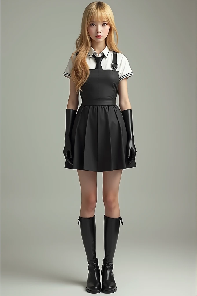 Beautifull 18 year old blonde schoolgirl, in her uniform with shirt tie and skirt, with an apron on and latex long gloves and leather long heel boots. Entire body