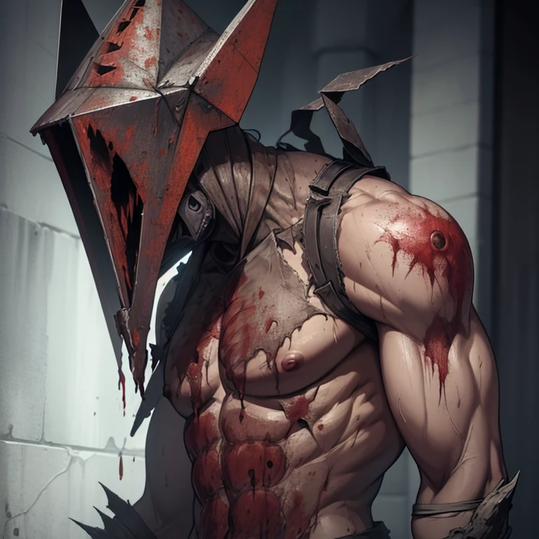 Pyramid Head, Silent Hill, Pyramid Head worn on the head is made of old metal and fixed with large screws. Horror, shirtless, muscle, blood and rust, long loincloths made from many types of human skin stitched together. He had a large rusty butcher knife in his hand and was dragging it across the floor. Monster. sexual. The pyramid head worn on the head is made of old metal and is held in place with large screws.