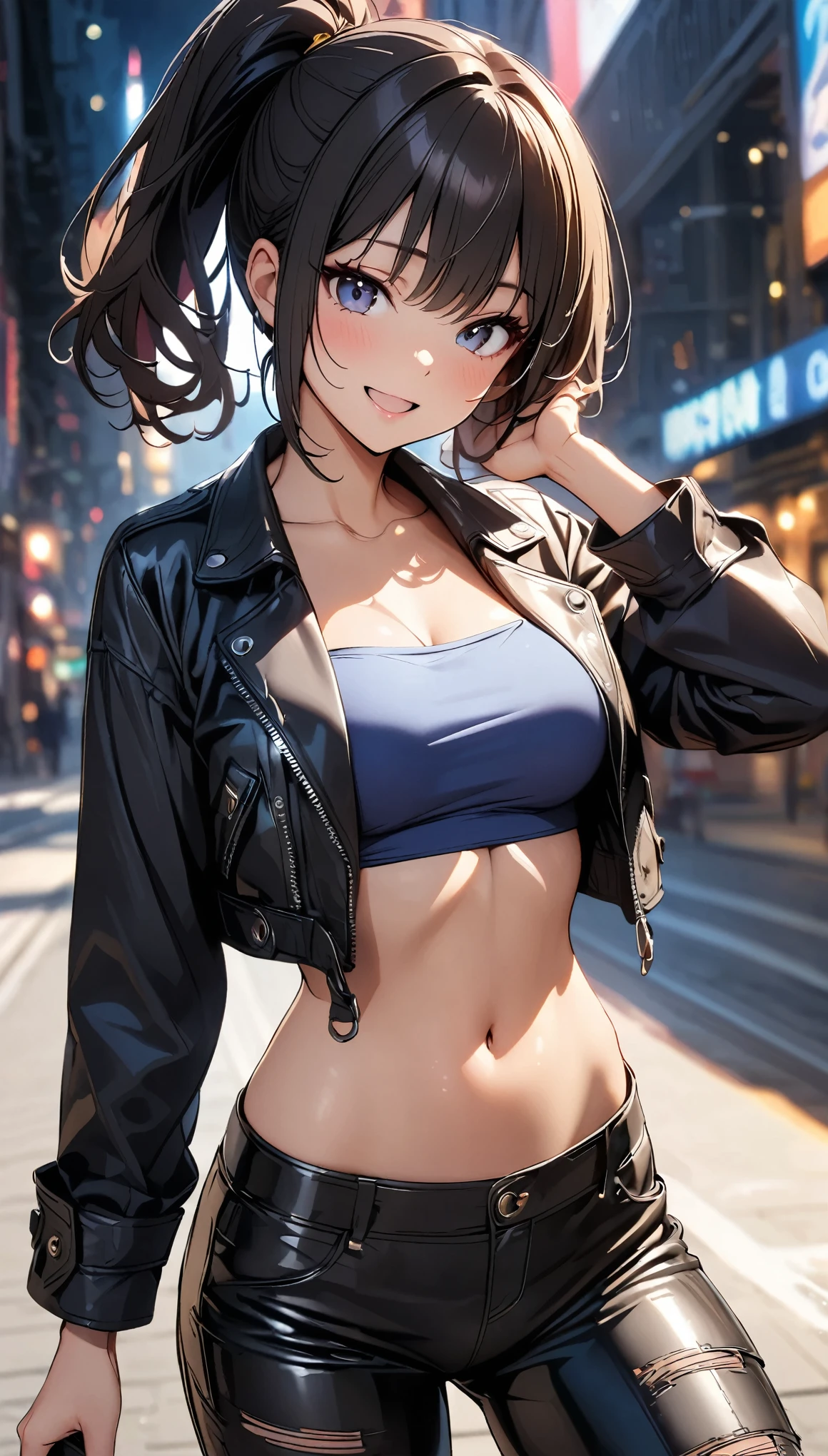 an extremely delicate,
beautiful girl,
break,
8k,
best quality,
masterpiece,
ultra hires,
ultra detailed girl,
super fine illustration,
break,
active pose, active angle, moving,
outdoors,
shiny,
bright,
rim lighting,
break,
1girl,
solo,
junior,
perfect female body,
short stature,
brown hair,
short hair,
big hair,
fluffy hair,
air bangs,
long bangs between eyes,
round face,
azure eyes,
(smile:0.8),
large breasts,
bare shoulders,
bare thighs,
bare navel,
break,
black inner clothes,
indigo outer clothes,
beret,
strapless cropped tube top,
opened off shoulder cardigan,
pleated micro mini skirt,
thigh high socks,