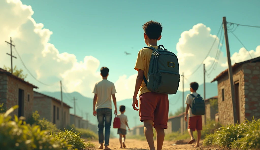 Hope and Struggle**: An evocative image showing a young student or a family from a rural area with a hopeful look towards the future, symbolizing the aspirations for overcoming challenges and achieving dignity and prosperity.in Dall e-3 style